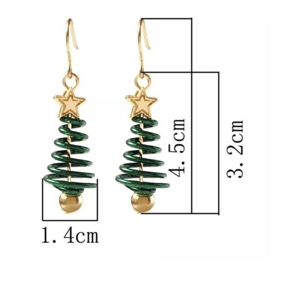 Spiral gold and green tone Christmas tree earrings with star - Picture 3 of 3